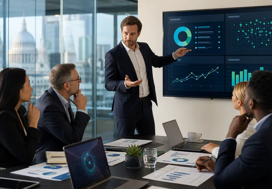 Business team reviewing abstract AI insights in a modern boardroom workshop